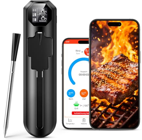 maxtachi Bluetooth Termometro Cocina, 150m Termometro Digital Cocina con Sensor Dual y App, IP67 a Prueba de Agua Termometro Cocina Profesional, Meat Thermometer para BBQ, Horno, Grill, Asador, Regalo