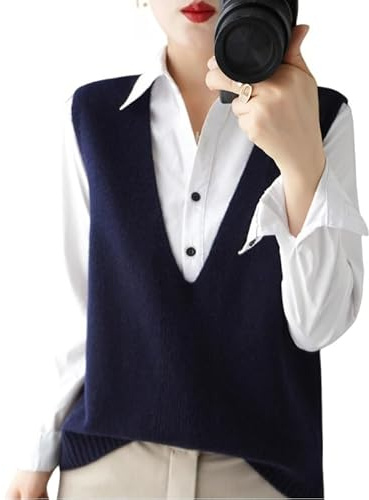 Women's Deep V-Neck Knitted Vest Sweater 100% Merino Wool Sleeveless Pullover Basic Blouse Short Tops Fall Winter First-Line Ready to Wear Solid Knitwear Navy Blue L