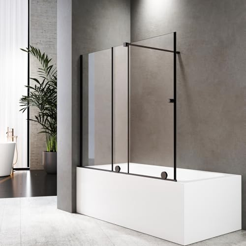 Duschwand für Badewanne mit Schiebetür 115 x 140 cm Badewannenfaltwand Schiebetüren Schwarz Badewannenaufsatz aus 6mm Sicherheitsglas Breite Verstellbar von 70-115cm