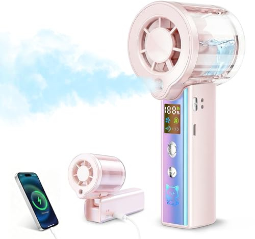 Carehabi Ventilateur Portable Brumisateur, Mini Ventilateur Main 16000 RPM avec 100 Vitesses, Écran LED, 3000mAh Batterie, Ventilateur de Poche Pliable 115° pour Voyage, Maquillage, Bureau (Rose)