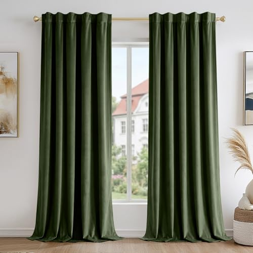 2er Set Samtvorhang mit Kräuselband, 3 Montage Verdunkelungsvorhang, Wohnzimmer Blackout Curtains, Thermovorhang, Schalldämmend & Kälteschutz für Schlafzimmer Wohnzimmer, B132 x H274cm, Dunkelgrün