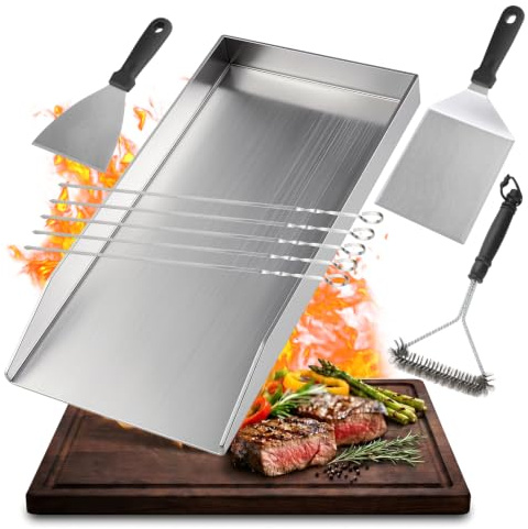 SMOOL Plancha Grillplatta 40 x 20 cm 4 mm rostfritt stål för gasgrill | Kolgrill och elektrisk grill – grillplatt-set med grillspatel, grillspett och rengöringsborste, med läckagesäkra hörn