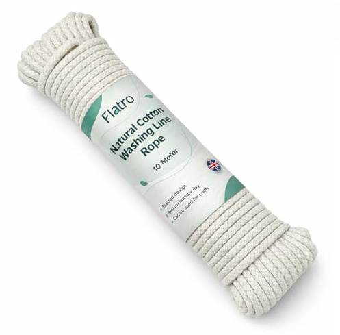 Flatro Washing Line Rope for Clothesline | 10M Soft Braided Natural Cotton Clothes Line for Outside | 4mm Thick Strong Washing Line Rope Cord | Snag & Tear Resistant Washing Lines Outdoor (10M)