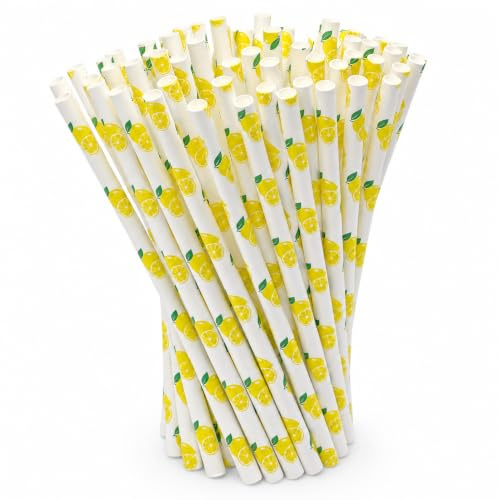 100pcs Paper Straws Lemon Pattern, 6X197Mm Disposable White Drinking for Party Supplies, Beach Birthday Graduation Decor