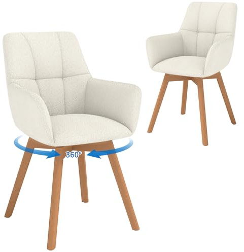 LEWE Esszimmerstühle Drehbar 2er Set mit Armlehne und Holzbeinen, Beige | 360°Drehstuhl, Polsterstuhl mit Ergonomische Stoffrückenlehne, Stühle für Esszimmer, Küche, Wohnzimmer, Schlafzimmer
