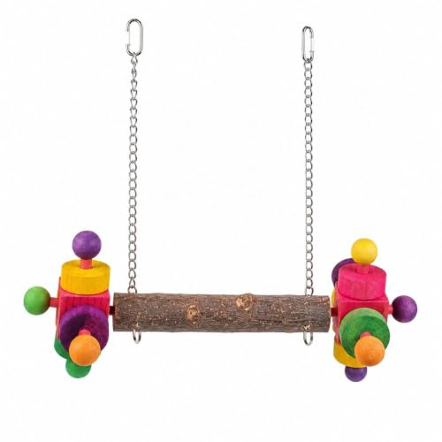 PARROT ESSENTIALS Natural Wood Swing with Double Twirlers - Colourful Wooden Swing for Parrots, Cockatoo, Conure and More - Hanging Toy Pet Swing - Parrot Toy Nest Swing Encourages Foot Exercise