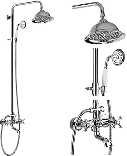 Badezimmer-Duscharmatur poliertes Chrom, 20,3 cm, Regenduschkopf-Set mit Wannenauslauf, Duscharmatur und Handbrause, Wandhalterung, Doppelkreuzgriff