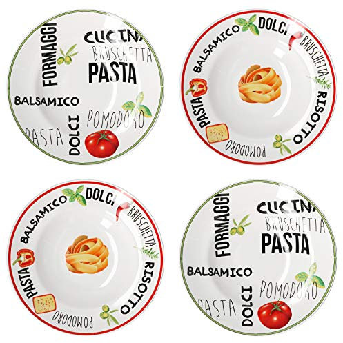 MamboCat Set de 4 pastatellers Blancs décorés Service de Table Rouge et Vert Vaisselle en faïence avec Inscriptions et Motifs colorés Assiette Creuse en Porcelaine pour soupes et salades