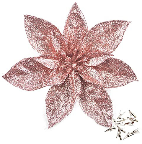 GL-Turelfies - 12 fiori di Natale glitterati (16 cm) con 12 clip a forma di stella di Natale artificiale, decorazioni per albero di Natale, ornamenti per albero di Natale (oro rosa)