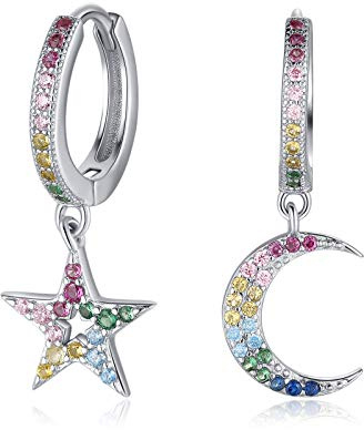 Qings 925 Silber Creolen Damen Asymmetrische Ohrringe Creolen mit Anhänger Mond und Stern Bunte Zirkonia Ohrringe Silber Hoop Dangle Earrings for Frauen und Mädchen