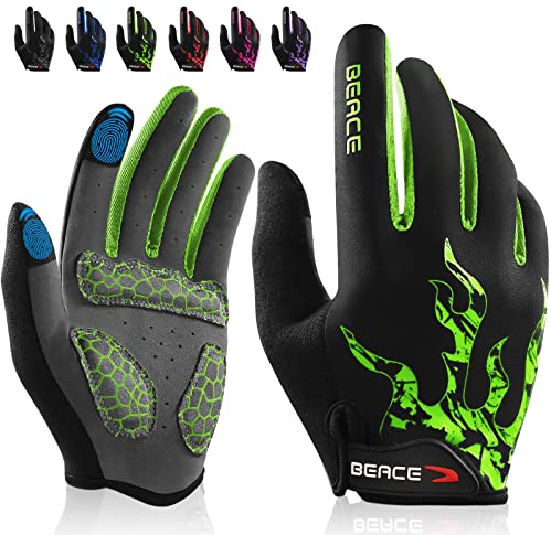 BEACE Cycling Gloves, Men Women Touch Screen Full Finger Mountain Bike Gloves with Anti-Slip Silicone Palm (Green, M)