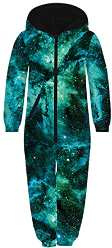 Ocean Plus Unisex Långärmat Dragkedja med Huva Fleecejumpsuit för Pojkar med Digitalt Tryck Löst Sittstycke med Huva för Flickor (höjd: 145-150cm, Mörkgrön galax)