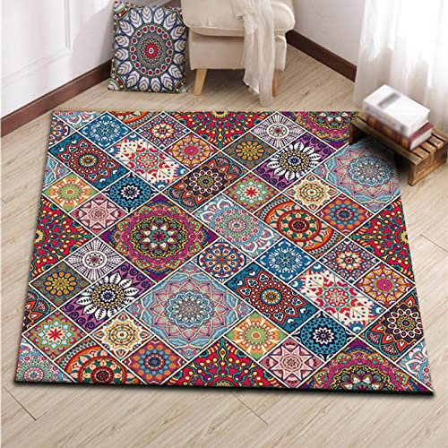 makeups69 Teppich Quadratisch rutschfest waschbarer, Teppiche Orientteppich Webteppich Kurzflorteppich für Wohnzimmer Schlafzimmer Esszimmer，Rote, Blaue und gelbe mehrfarbige Blumen 150 x 150 cm