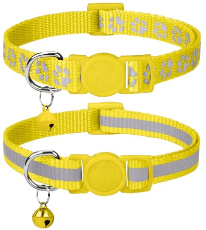 Taglory Collare Gatto Riflettente, 2 Pezzi Collari per Gatti Antistrozzo con Campanellino e Fibbia di Sicurezza, Stampa Zampa Carina 15-20cm Giallo