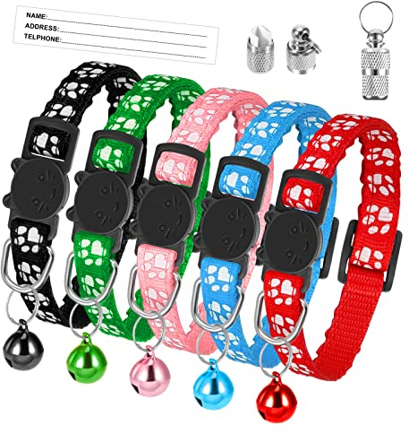AKlamater 5Pcs Cat Collars with Bells Adjustable Kitten Collar Quick Release Safety Collar with Anti-lost Tags for Cats, Kitten, Small Pet
