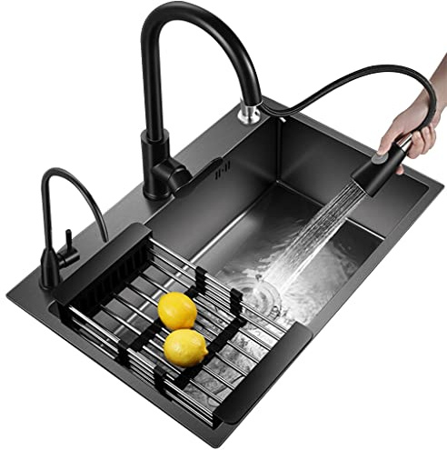 Fregadero De Cocina Negro De Un Solo Tazón - Barra De Acero Inoxidable Rectangular Incorporado con Grifo Y Accesorios (Color: Black, S: 80X50X20cm(B))