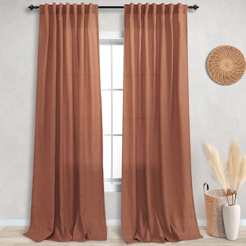 KOUFALL Linen Rust Curtain Panels for Living Room 96 Inch Length Brick Terracotta Back Tab Rod Pocket Semi Sheer Boho Window Curtains Patio Door Bedroom Bohemian Decor Inches Long Set 2 Panels, 52x96