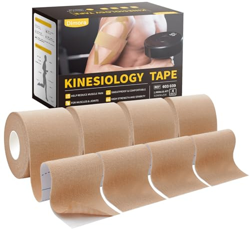 Dimora Uncut Kinesiology Tape, Original Cotton, 16' Elastic Athletic Tape for Muscle Pain Relief and Joint Support, 4 Rolls, Beige