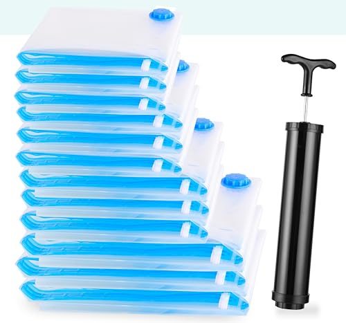 Die Vakuumbeutel für Kleidung und Bettdecken von figg (12er Set) - 12 Vakuumierbeutel inkl. 12 Etiketten und Pumpe - Staubsauger Vakuum Aufbewahrungsbeutel
