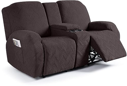 Ruaozz Loveseat Recliner Covers with Console, 4-Pieces Recliner Sofa Covers Stretch Jacquard Reclining Couch Covers with Pockets Furniture Protector with Elastic Straps Bottom (Chocolate)