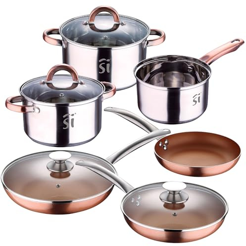 San Ignacio Juego de batería de cocina onil 5pc en acero inoxidable + set de 5 sartenes en aluminio prensado