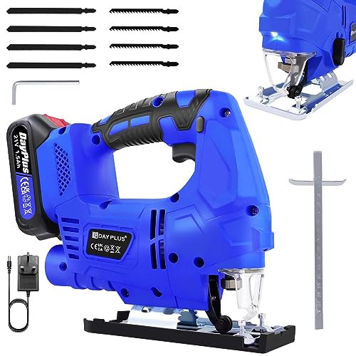 21V Cordless Jigsaw, Battery Powered Saw with LED Light 1500mAH Battery Charger 10 Blades, Portable Electric Power Tool for Home Improvement DIY, 4 Orbital Sets and 0°-45° Bevel Cutting