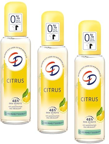 CD BIO Deo Zerstäuber 'Citrus', 75 ml, Pumpzerstäuber ohne Aluminiumsalze, langanhaltender Schutz für 24 h, veganes Hautpflegeprodukt, für empfindliche Haut geeignet (Packung mit 3)