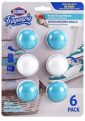 Clorox Fraganzia Deodorizing Balls for Shoes and Small Spaces, Twist-to-Activate No-Plug Odor Refresher Pods for Gym Bags, Lockers, Drawers, and Hampers, Ocean Breeze, 6 Count