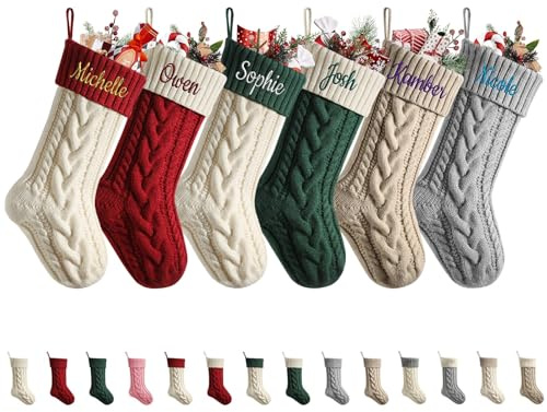 MJARTORIA Nikolausstrumpf Personalisierte Weihnachtsstrumpfe mit Namen 46cm Gestrickt Bestickte Weihnachtssocken Kamin Hängenden Strumpf für Feiertags Familienparty Dekoration，Bunt A：5Pcs
