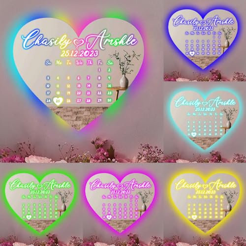 Personalisiertes Herz Neon Spiegelschild für Wanddekoration Benutzerdefinierte Paar Name Kalender Datum Herz Licht Spiegel LED Neonlicht Schild Geschenk für Valentinstag Weihnachten Jahrestag Hochzeit