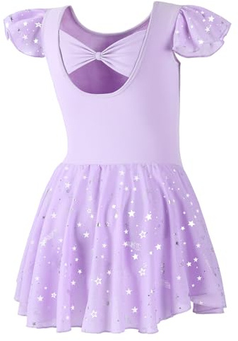 DIPUG Girls Dance Dress Ballet Leotards for Girls Toddler Ballet Outfit Shiny Skirts Ruffle Sleeve and Bow Back Purple Size Kids 6-8 M