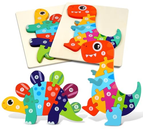 HOTUT Wooden Jigsaw Puzzles for Toddlers, 2 Pcs 3D Animal Puzzle Toy Babies Games, Shape Number Puzzle, Set Kids Age 1 3 Year Old Boys and Girls Educational Toys Gifts, 2pcs-dinosaur