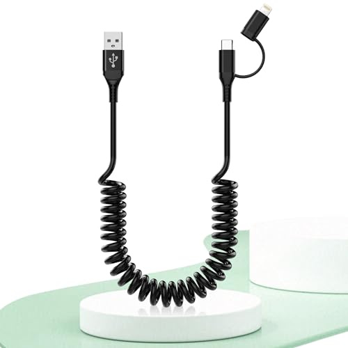 USB-auf-USB-C- und Lightning-Kabel, 2-in-1, unterstützt Apple Carplay und Android Auto [MFi-zertifiziert], 3 A Schnellladung und Datensynchronisation, kurzgewickeltes Lightning- und USB-C-Kabel für