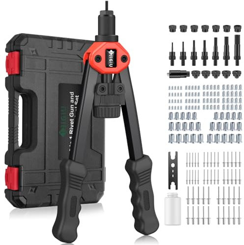 JiGiU 2 in 1 Rivet Nut Tool and Rivet Gun, Professional Hand Rivnut Gun Rivet Nut Gun Tool Heavy Duty Rivnut Tool Kit with M3 M4 M5 M6 M8 M10 M12 & 3.2/4.0/4.8/6.0/6.4 Rivet Heads,110 Nuts & 50 Rivets