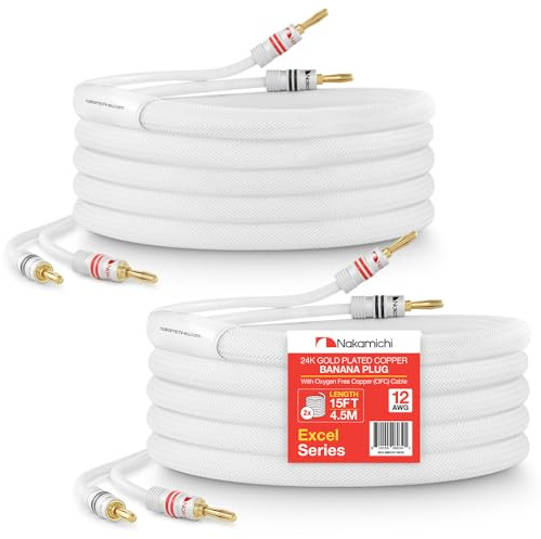 Nakamichi 24K vergoldeter Bananenstecker mit Lautsprecherkabel, 99,9% sauerstofffreies Kupfer (OFC), robustes geflochtenes Kabel, CL2-zertifiziert - Weiß (12AWG / 15 Fuß / 4,5 Meter) 2er-Pack