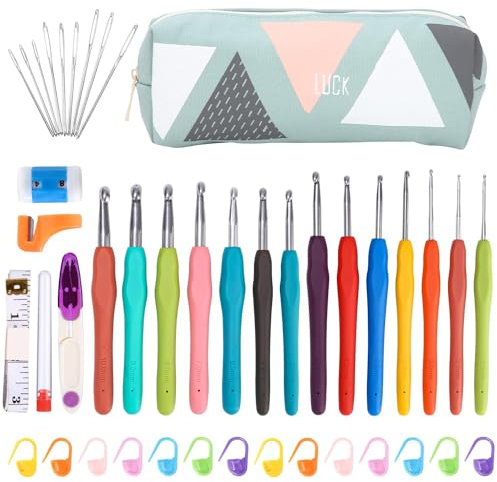 jutyum Stricken Nadeln Kit 37 PCS 8 Größen Häkelnadel-Set 2.0mm-8.0mm Häkelnadel Set Häkelhaken Set Farbe Häkeln mit Aufbewahrungstasche Nadeln Kit für Anfänge Ergonomische Werkzeug Häkelset