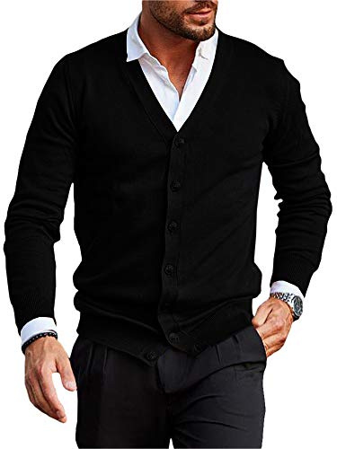 Runcati Giacca da uomo a maniche lunghe, senza colletto, con scollo a V, cardigan in maglia, camicia, leggera, giacca per la transizione, Nero , XL
