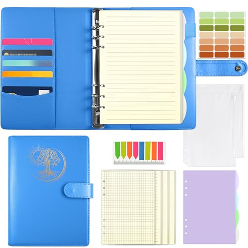 Qefuna A5-Ringbuch, PU-Einband mit auf Folie geprägtem Sun Tree of Life-Motiv, Notizbuch mit 180 Nachfüllblättern, Taschen und Trennblättern，Blau