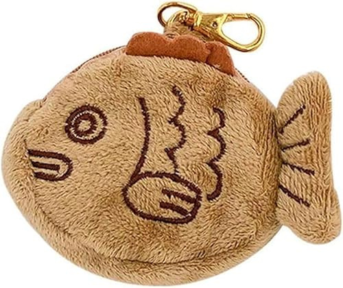 1 llavero de felpa marrón, mini bolso de muñeca, colgante de moneda Taiyaki suave y creativo japonés ajustable con bolsa de felpa con cremallera para niñas y mujeres, monederos, peces, Brown, Taiyaki