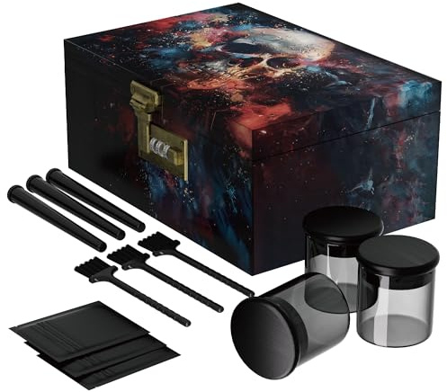 Large Bamboo Box with Combination Lock, Decorative Wooden Storage Box for Home, Stash Storage Lock Box with 3 Glasses, Lockable Souvenir Box for Storage, Wooden Box with Accessories (Skull)