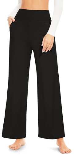 ACTINPUT Yogahose Damen High Waist - Straight Hosen Damen mit Taschen, Weites Bein Schlaghose Freizeithose Jogginghose Baggy Elegant Sports Yoga Pants Arbeitshose Damen Stretch(Schwarz,L)