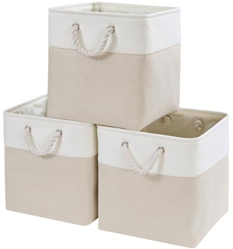 Mangata 33x33x33cm Aufbewahrungsbox Stoff, Aufbewahrungskorb zum Organisieren von Kleidung und Spielzeug für Schrank, Regal(Hellbeige/Weiß, 3er Pack)