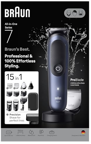 Braun All-in-One Series 7 Grooming Kit, 15in1, ProBlade & AutoSense, 120 min Drifttid, SkinGuard, Skäggfading, AquaGrip För Användning Under Vatten, AIO7580, Blå