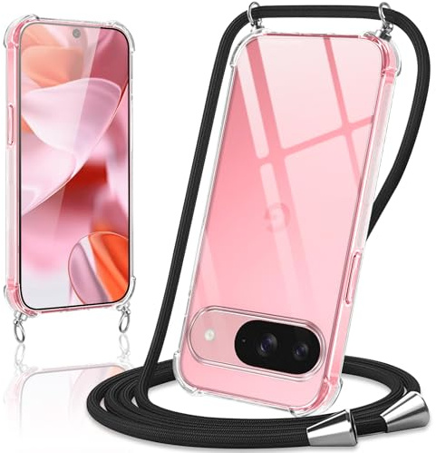 Coiwxmoi Coque avec Cordon pour Google Pixel 9/9 Pro, Collier Réglable Téléphone Étui Portable Lanyard Case Transparent Ultra Souple Silicone TPU Housse Antichoc Protection Cover, Noir