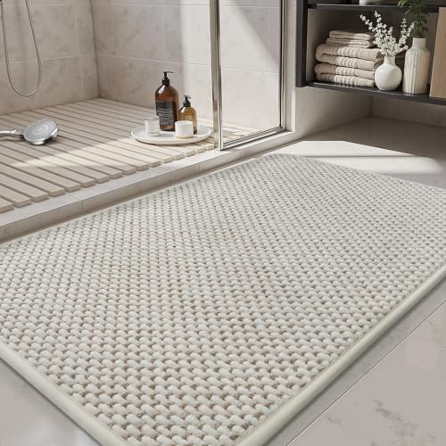 SIXHOME Tappeto Bagno 40 * 60cm in ciniglia Tappetino Antiscivolo,Assorbente con retro in gomma lavabile per bagno cucina lavanderia Bianco crema