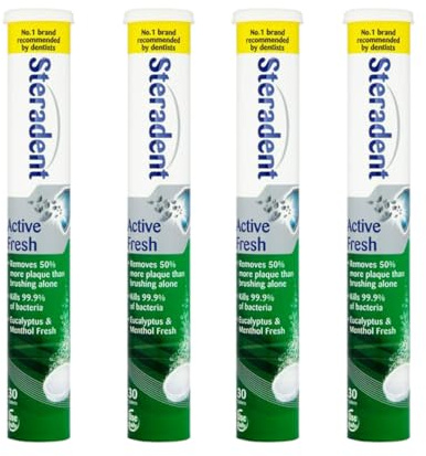 4 Pack Active Fresh Denture Cleaning Tablets - 120 Tablets, False Teeth Cleaner, Retainer, Denture & Mouth Guard Sterilising Tablets, Multipack Bundle for Fresh Hygiene and Stain Removal