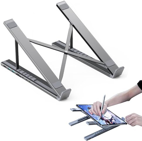 Genikeer Laptop Docking Stand | Adjustable Height Tablet Stand Workstation Hub - 8 In 1 Multiport Adapter Quick Charge Cooling Riser Notebook Computer Desktop Home