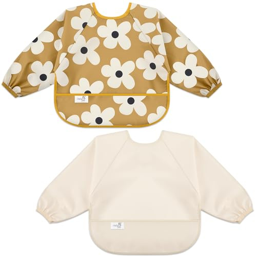 BebeBiu Long Sleeve Baby Bib, Waterproof Weaning Bibs with Catch-All Pocket, 2pk Baby Feeding Bibs, Adjustable Sleeves Toddler bib for Ages 6-24 Months (Floral Lovry, Small 6-24 Months)