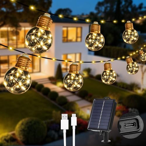 Litark Solar String Lights Outdoor with 20 Shatterproof G50 Bulbs - 25Ft/7.6m Soalr Fairy Lights,USB Port,8 Modes Waterproof, Garden Yard Camping Decor - Warm White