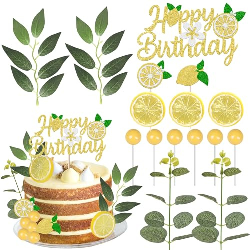 16 Pack Lemon Cake Decorations Lemon Cake Topper Glitter Happy Birthday Juicy Fruit Slices Leaves Ball Cake Pick for Fruit Theme Baby Shower Kids Boys Girls Birthday Party Supplies